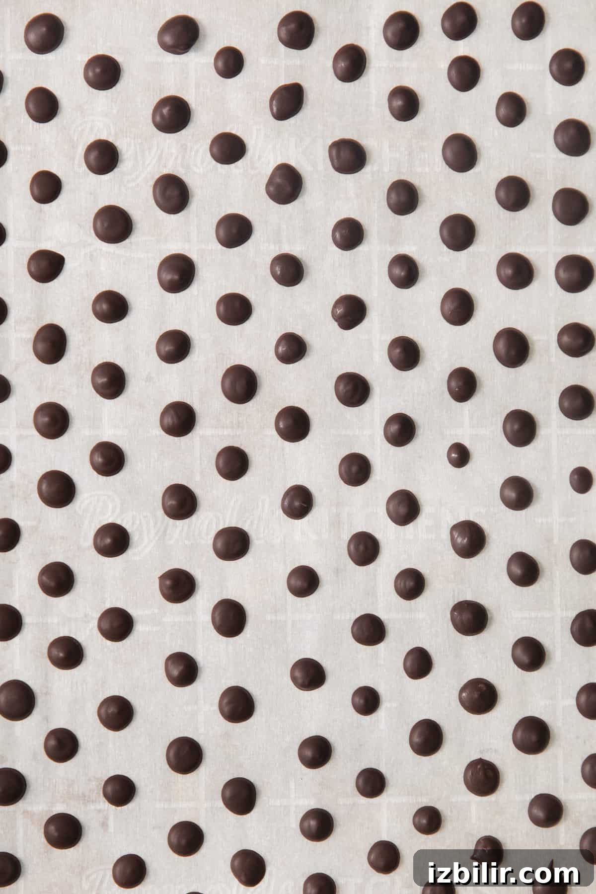 How to Make Homemade Vegan Chocolate Chips 5 A black and white image of chocolate dots on a white background.