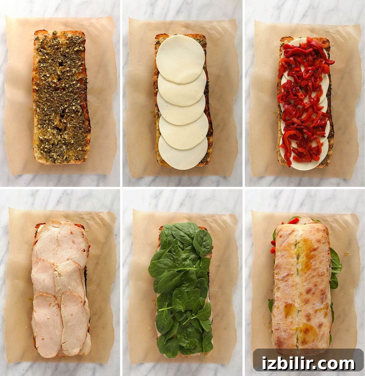 Layering all the ingredients for the grilled sandwich on the bread