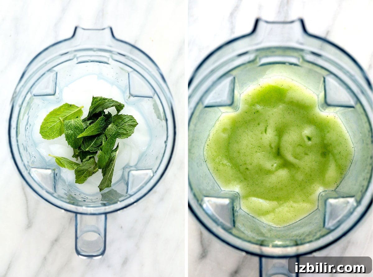 frozen mojito ingredients in blender, before and after being blended
