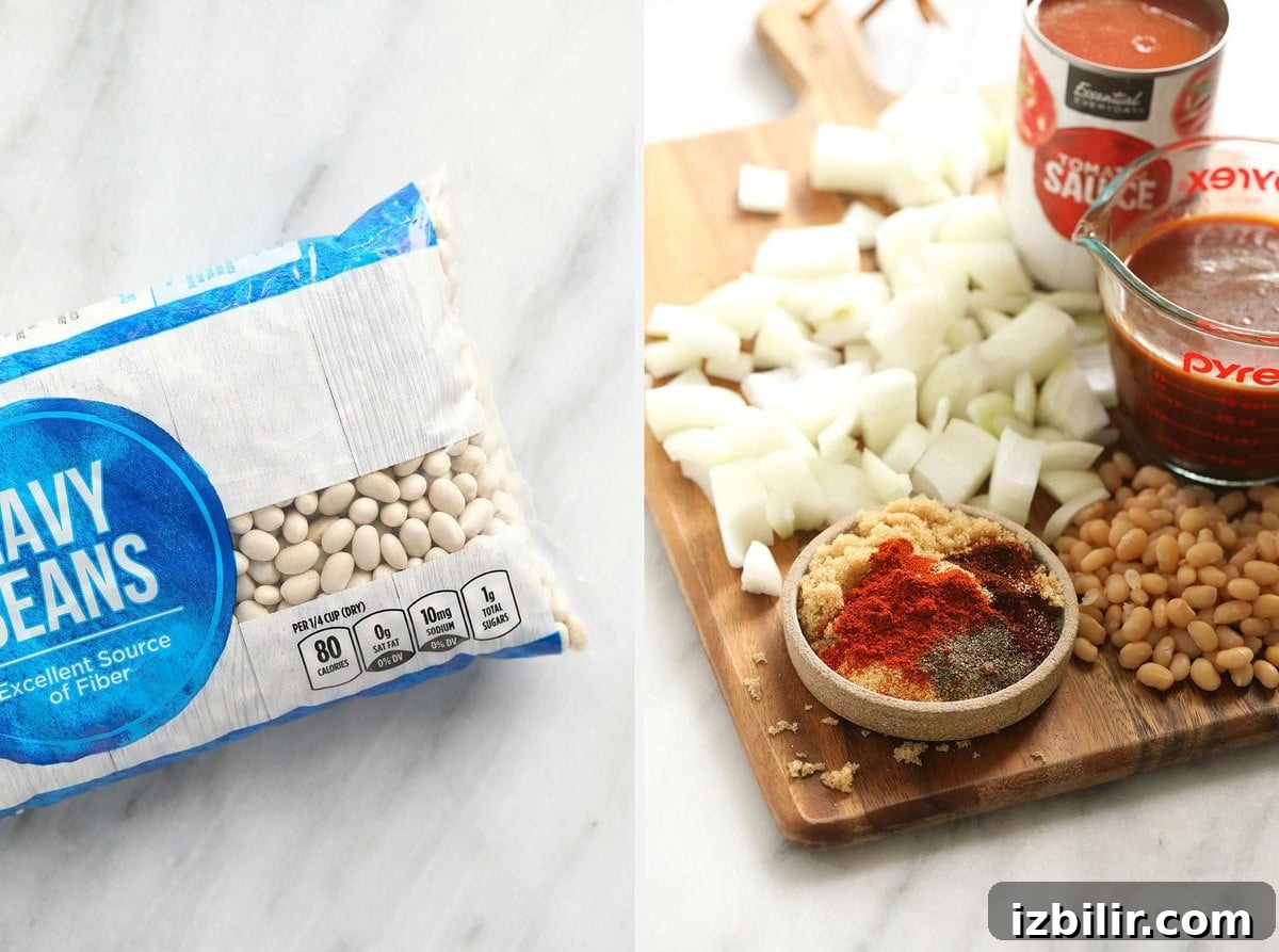 Ingredients for Instant Pot baked beans laid out.