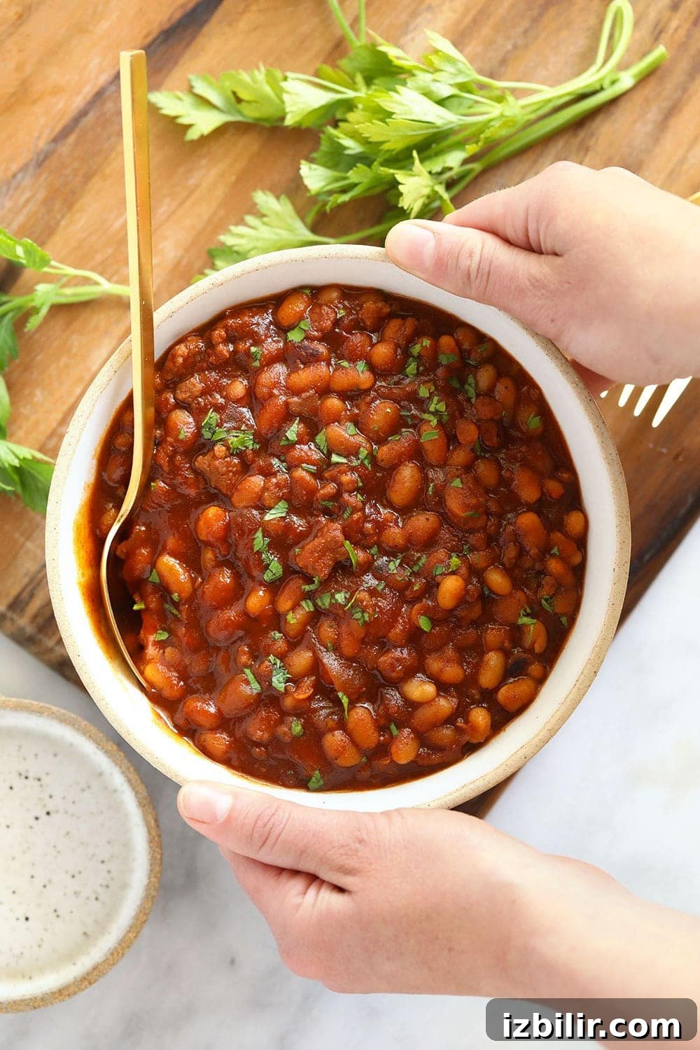 Bowl of BBQ baked beans ready to serve.