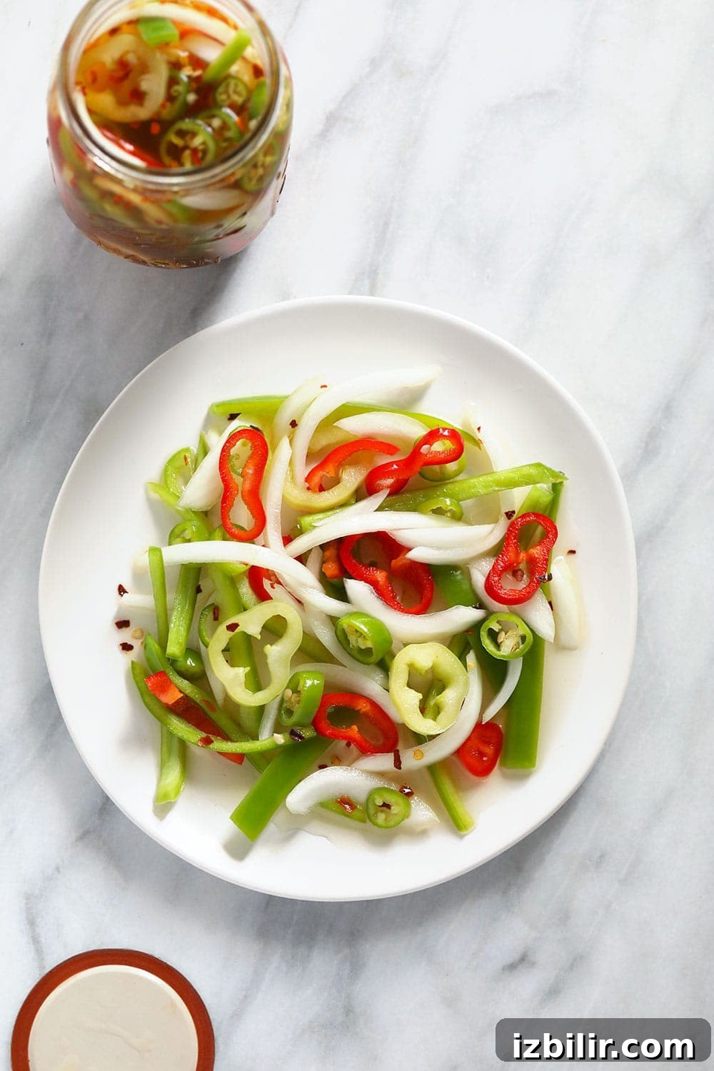 Quick Pickled Hot Peppers Recipe 5 quick pickled pepper ingredients on a plate