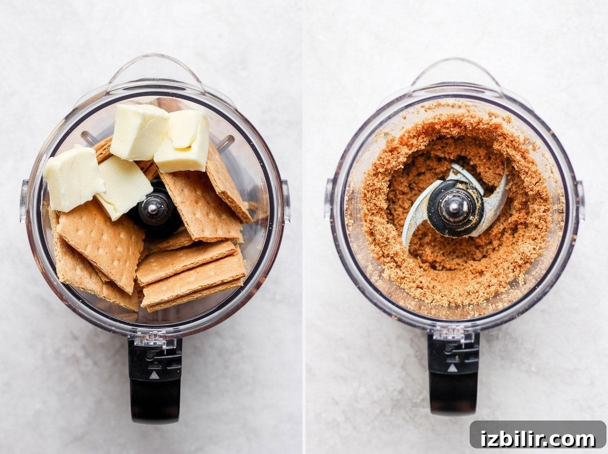 graham cracker crust for blueberry cheesecake bars being placed in a food processor.
