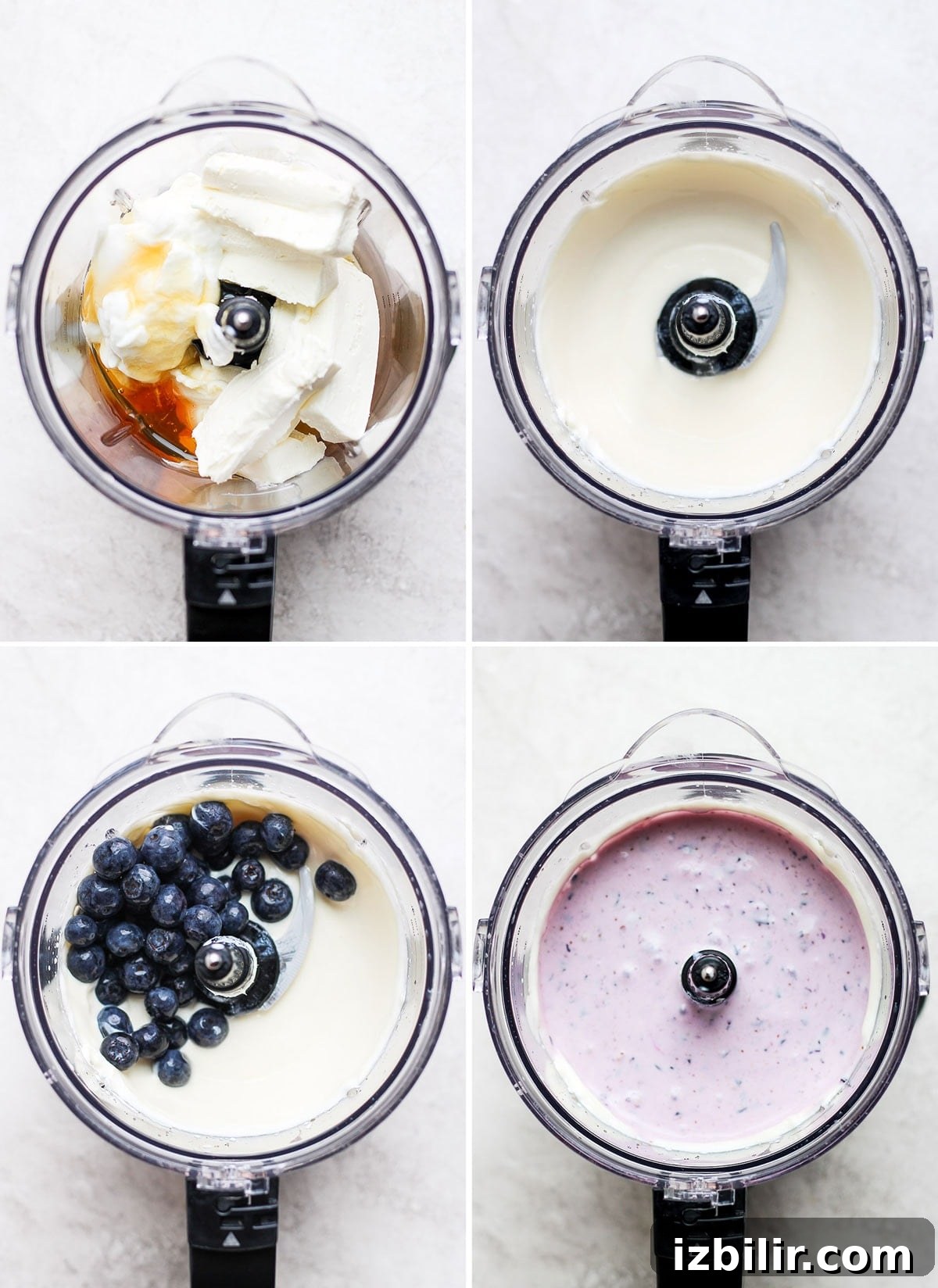 blueberry cheesecake bar filling in a food processor ready to be blended.