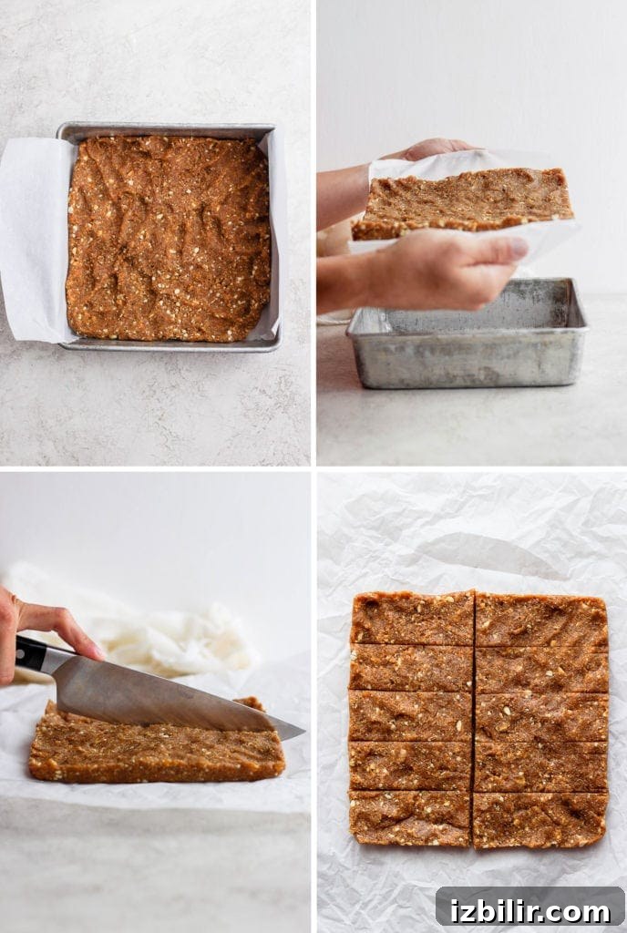 With just 3 simple ingredients you can make these Copycat Cashew Cookie Larabars that are grain-free, refined-sugar-free, vegan, and kid-friendly! series of photos pressing dough into pan and slicing