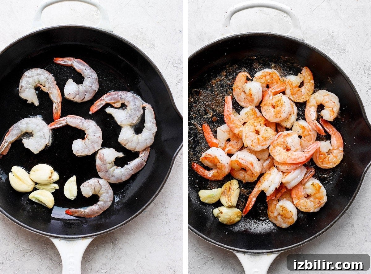 fresh shrimp being sautéed in a cast iron skillet