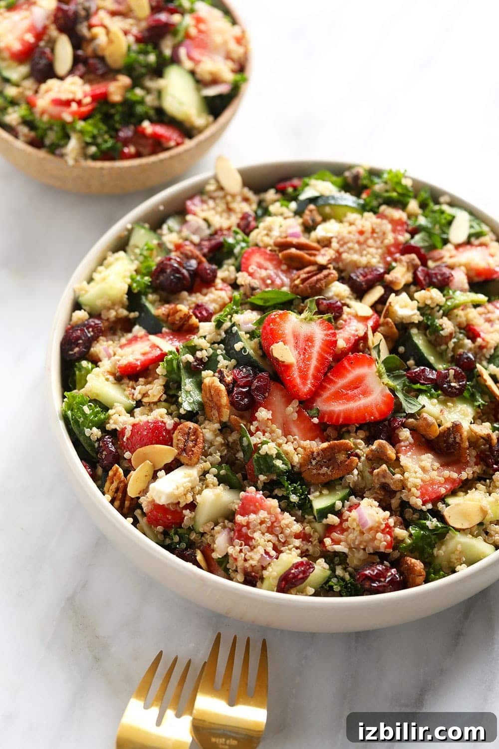 Prepared strawberry quinoa salad chilled in a bowl