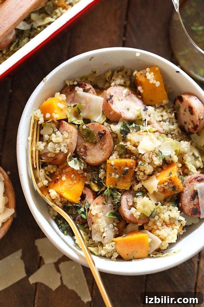 Chicken Apple Sausage Quinoa Bake with Brussels Sprouts 2 Quinoa casserole in a bowl