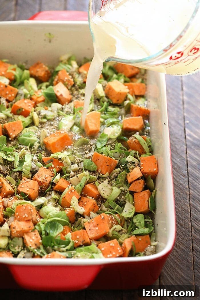 Chicken Apple Sausage Quinoa Bake with Brussels Sprouts 3 Ingredients for quinoa casserole in a casserole dish