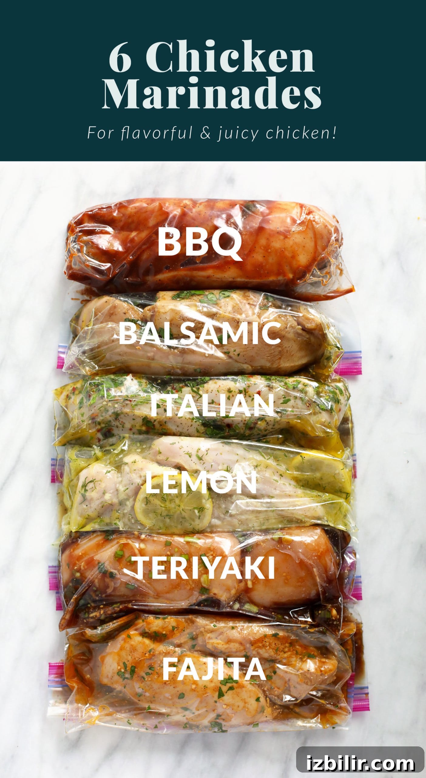 6 chicken marinades in plastic bags.