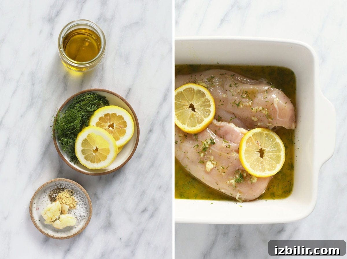 lemon chicken marinade ingredients and chicken breasts in dish.