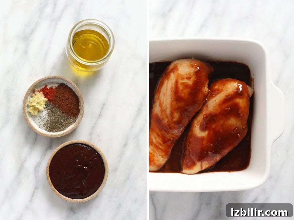 bbq chicken marinade ingredients and chicken breasts in dish.