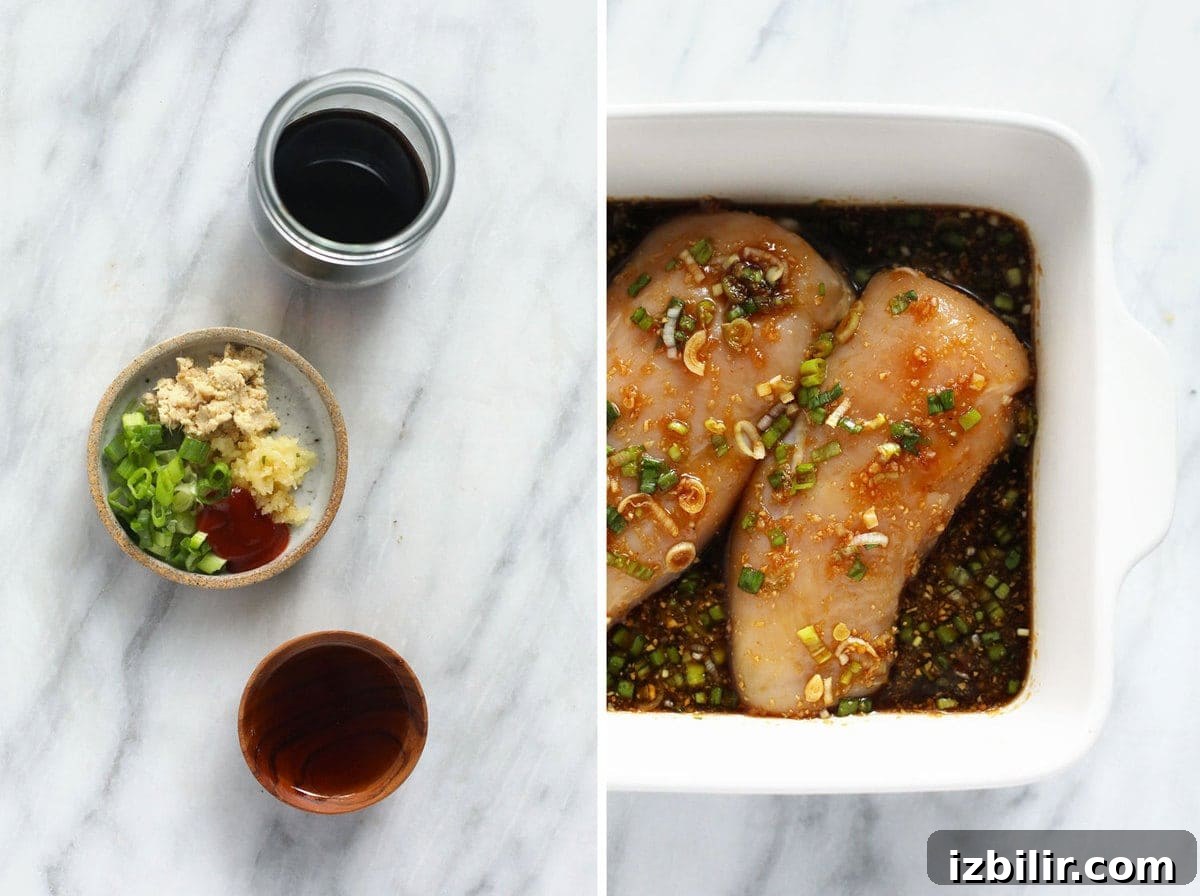 teriyaki chicken marinade ingredients and chicken breasts in dish.