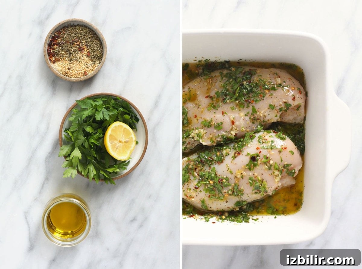 Italian chicken marinade ingredients and chicken breasts in dish.