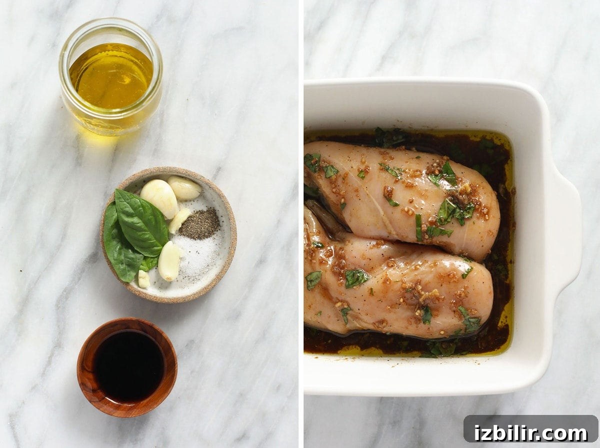 Balsamic chicken marinade ingredients and chicken breasts in dish.