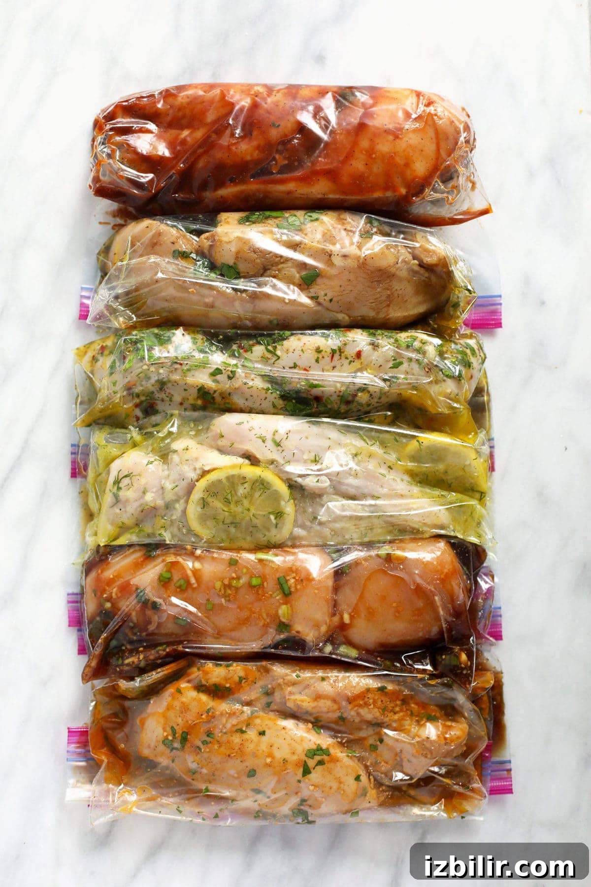 chicken and marinades in plastic bags.