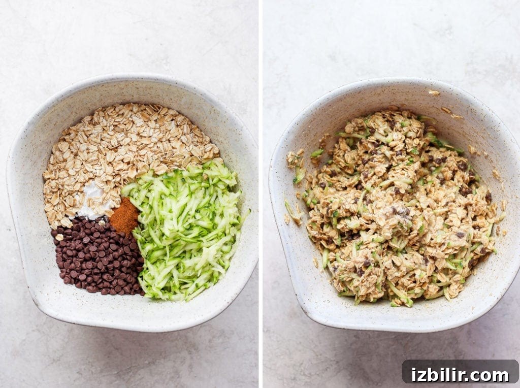 Brown Butter Chocolate Chip Zucchini Oatmeal Cups Recipe 3 Ingredients for the zucchini oatmeal cups in a mixing bowl.