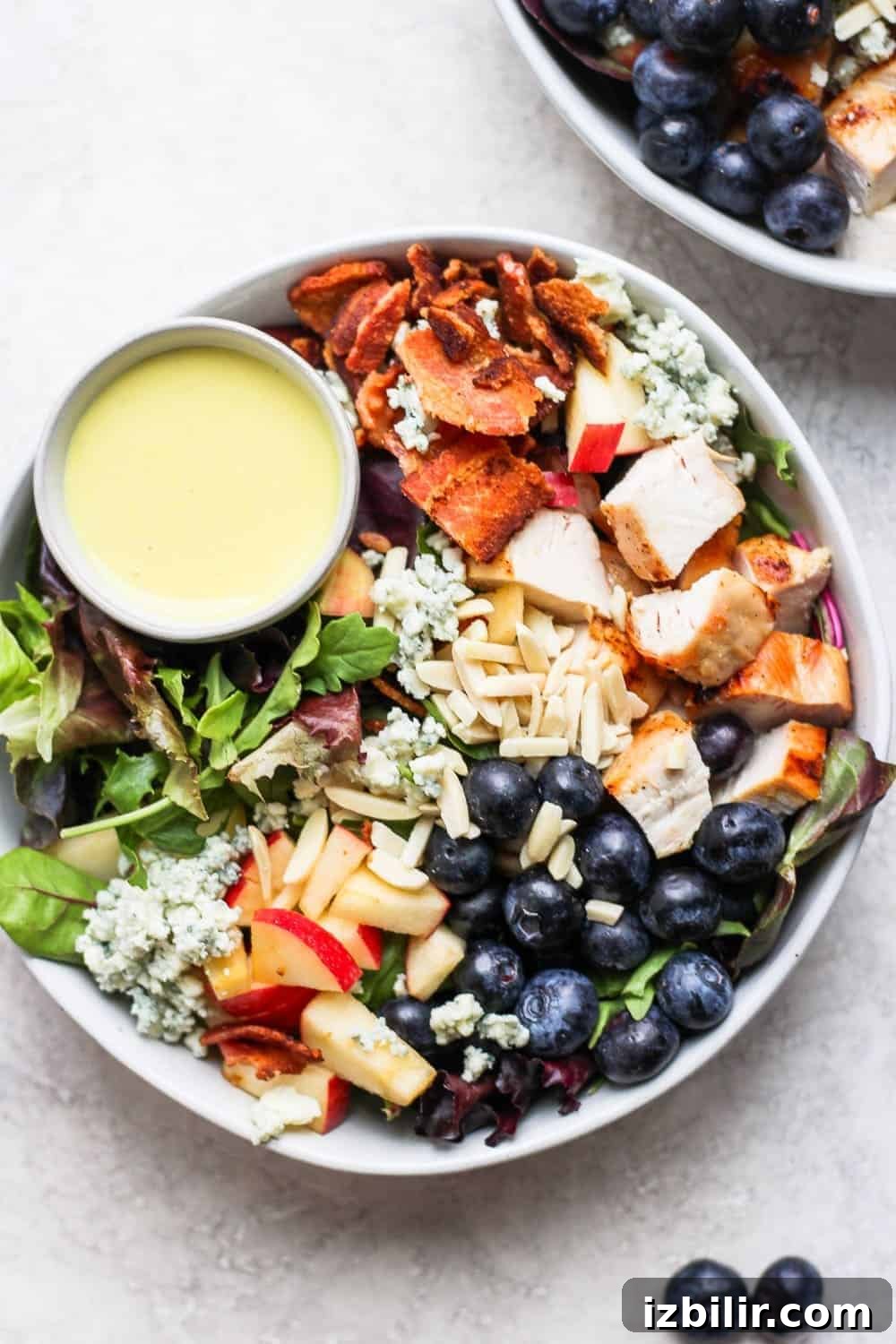 A balanced bowl of grilled chicken salad. Chicken salad in bowl with dressing in a small bowl.