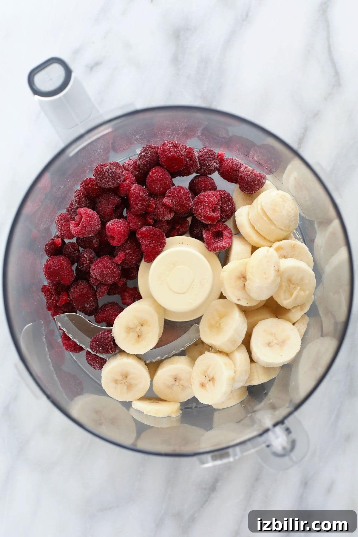 ingredients for raspberry chocolate chunk banana nice cream in a food processor