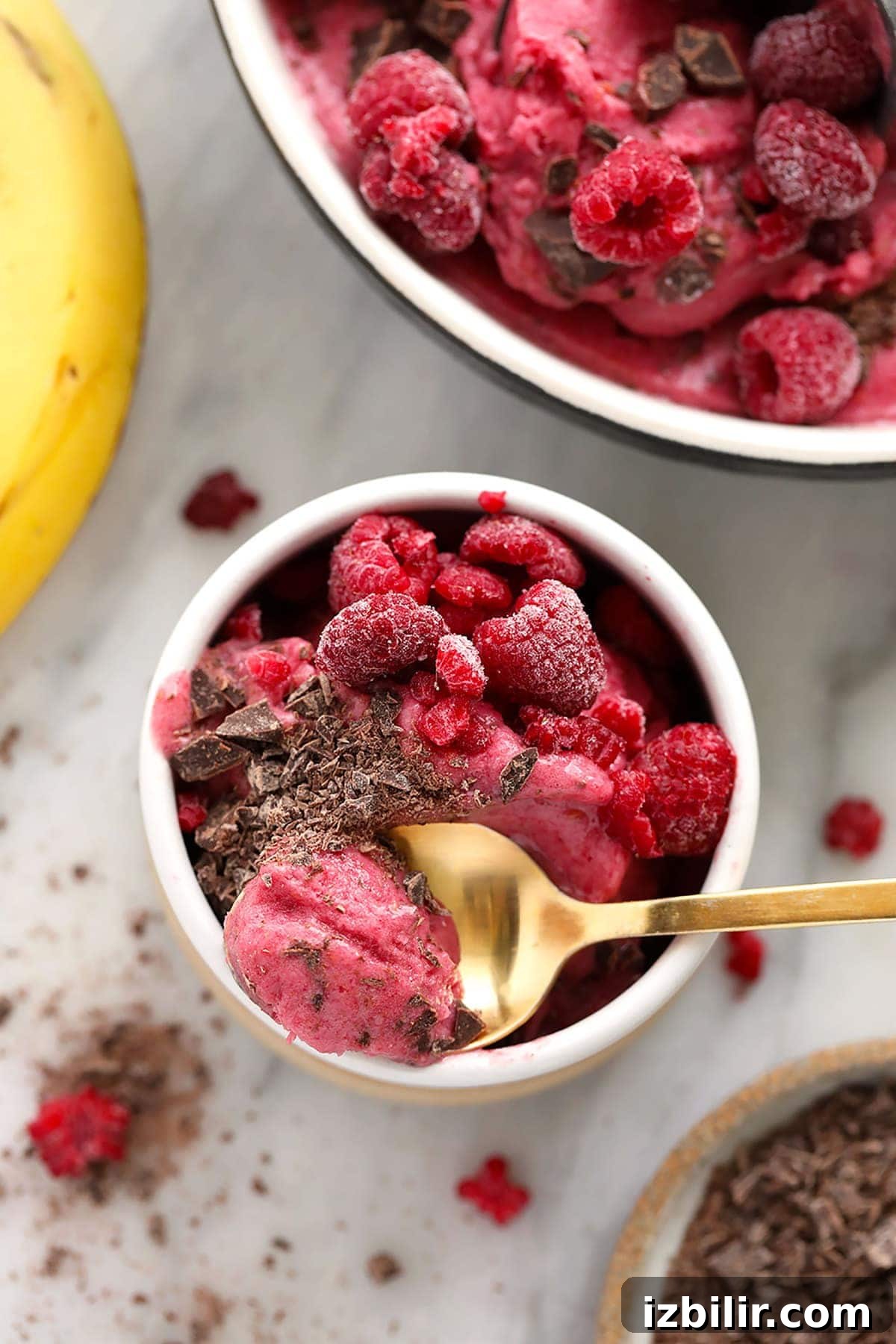 raspberry chocolate chunk banana nice cream in a bowl, ready to be enjoyed