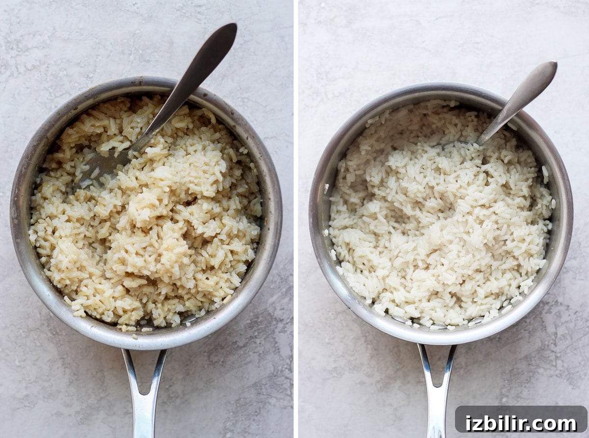 Brown Rice and White Rice in a pot.