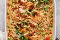 Creamy Salmon Noodle Casserole with Chili Crunch and Boursin