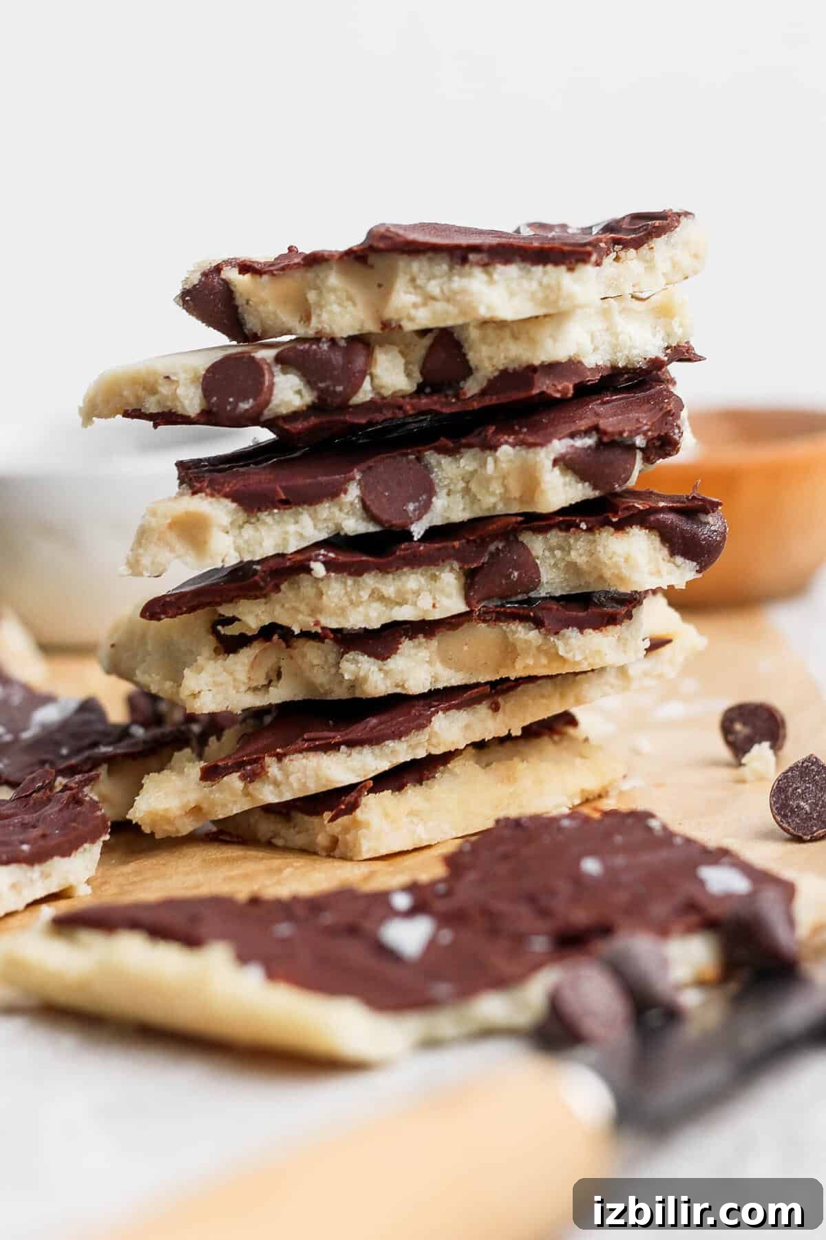 Cottage Cheese Cookie Dough Recipe Without Protein Powder 8 cottage cheese cookie dough bark stacked to show layers of dough and chocolate
