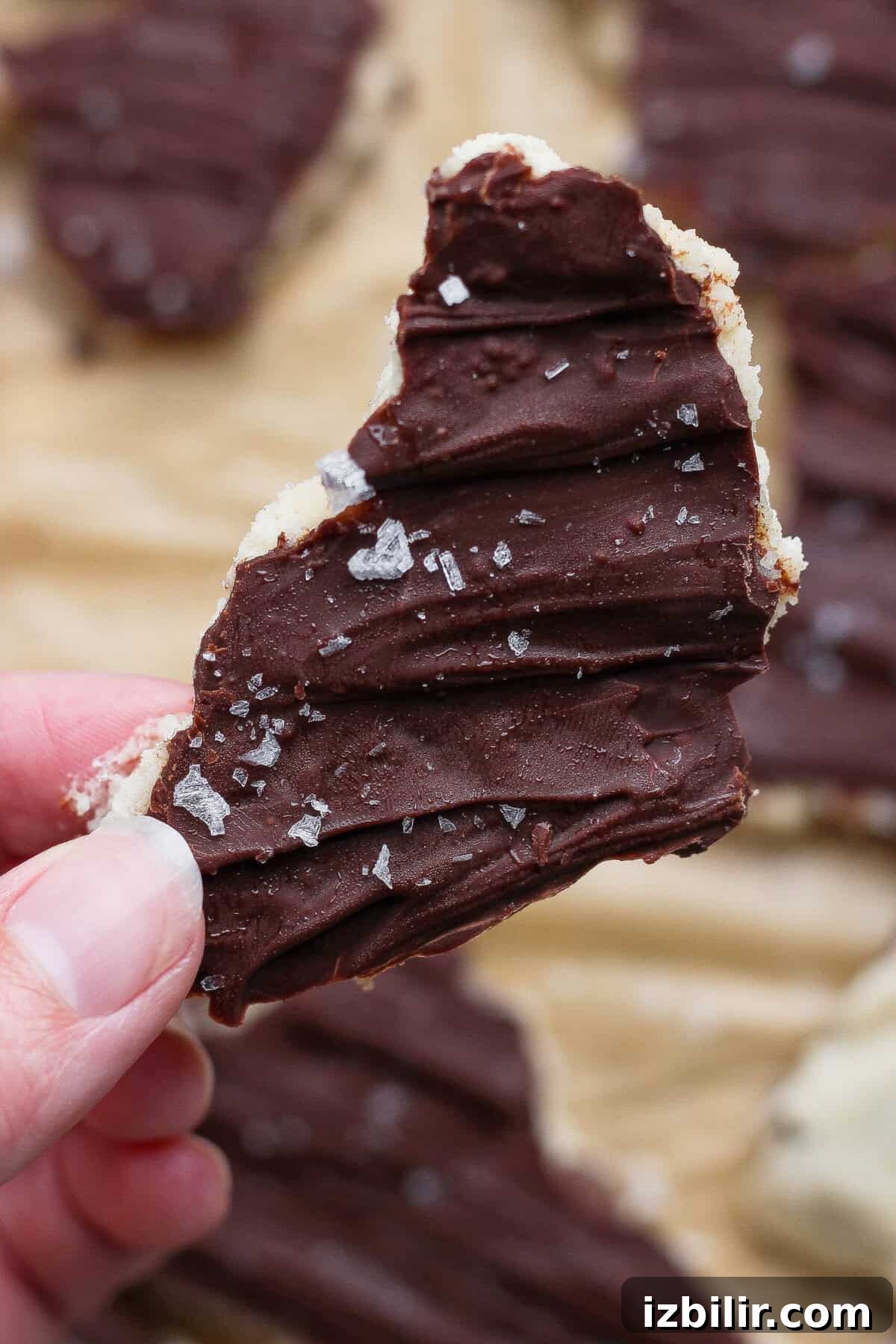 Cottage Cheese Cookie Dough Recipe Without Protein Powder 7 hand holding a piece of cottage cheese cookie dough bark with sea salt