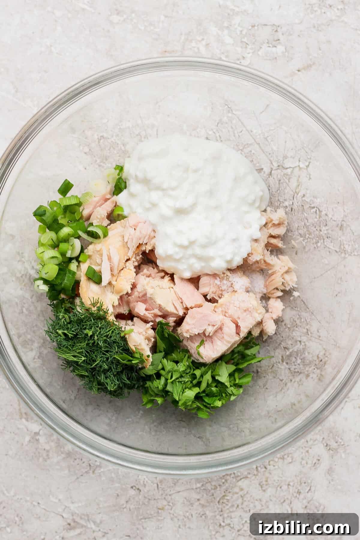 Mayo-Free Tuna Melt with Cottage Cheese 3 tuna cottage cheese and fresh herbs in mixing bowl