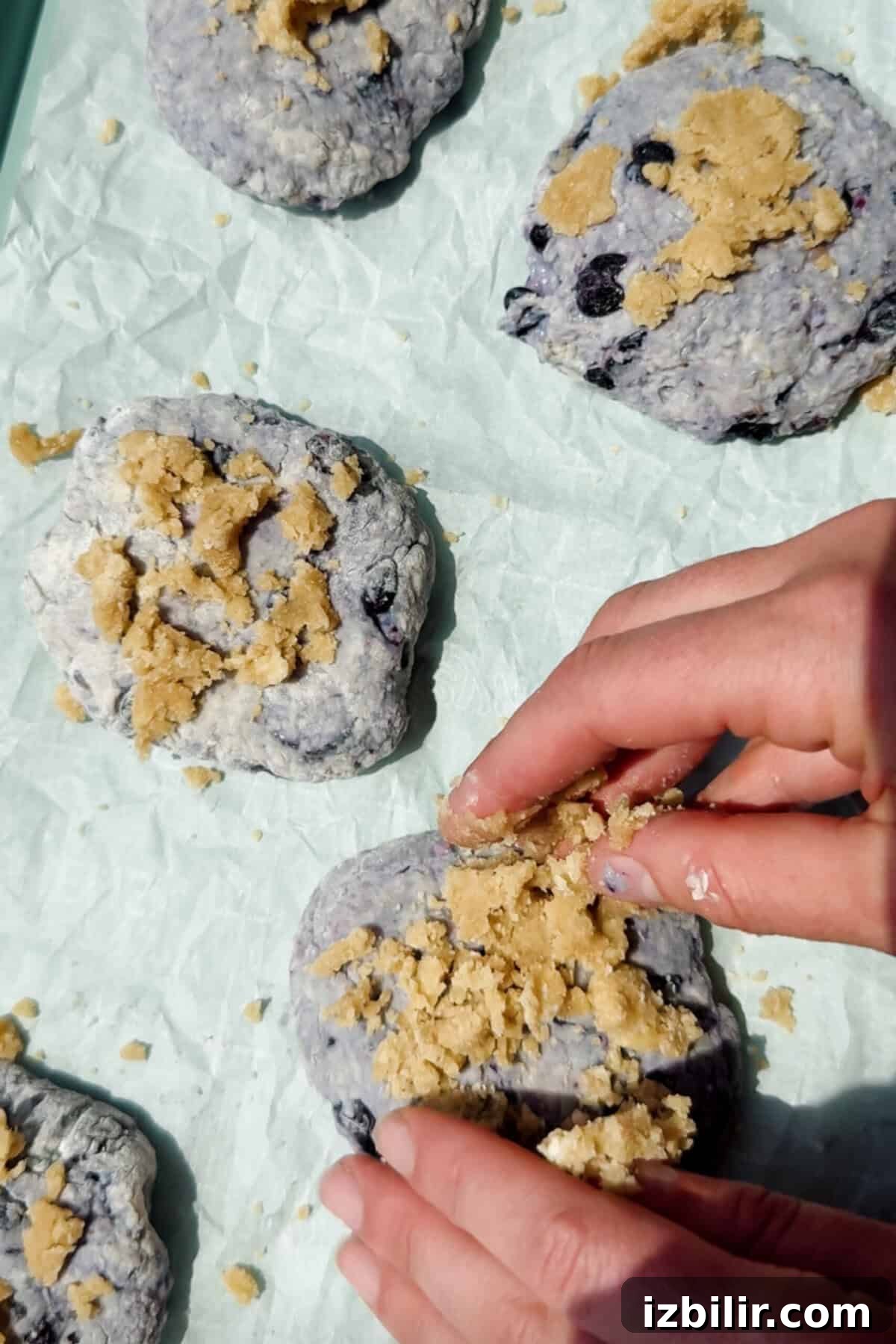 Buttery Blueberry Cottage Cheese Biscuits with Streusel 5 hand sprinkling streusel topping onto unbaked blueberry cottage cheese biscuits on parchment paper