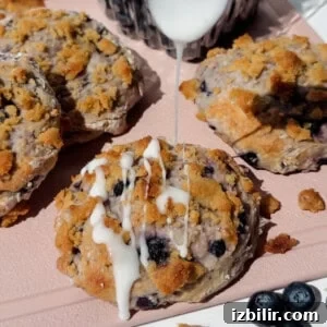 blueberry cottage cheese biscuits with streusel topping and white glaze on a pink tray
