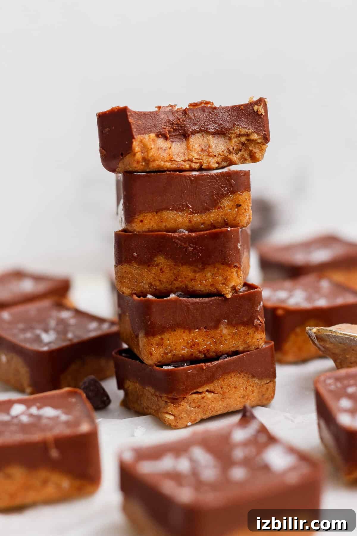 No-Bake Thin Mint Protein Bites Recipe 2 stacked thin mint protein bites with a bite taken out showing fudgy interior texture