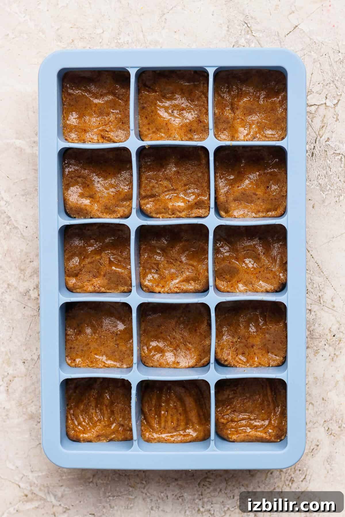 No-Bake Thin Mint Protein Bites Recipe 5 thin mint protein bite base pressed flat into a blue silicone ice cube tray