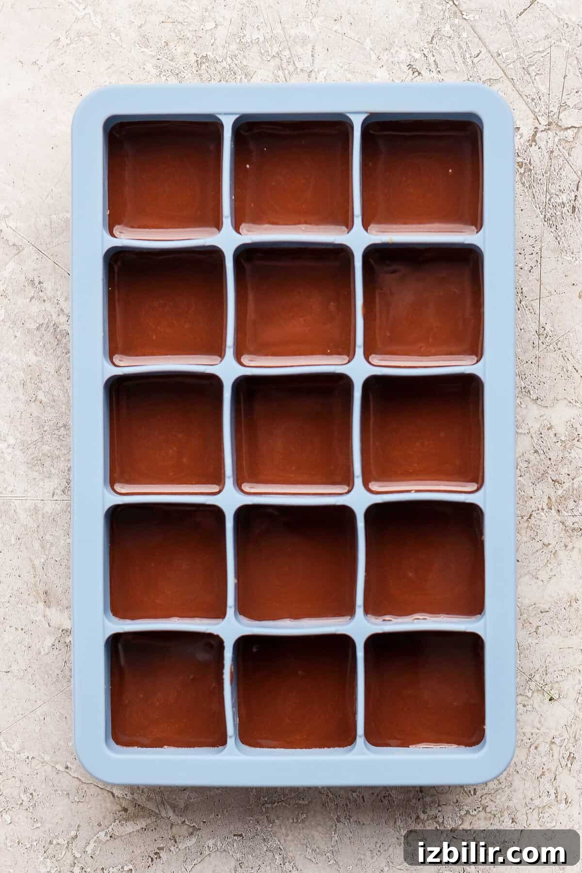 No-Bake Thin Mint Protein Bites Recipe 7 thin mint protein bites covered with melted chocolate layer in a blue silicone ice cube tray
