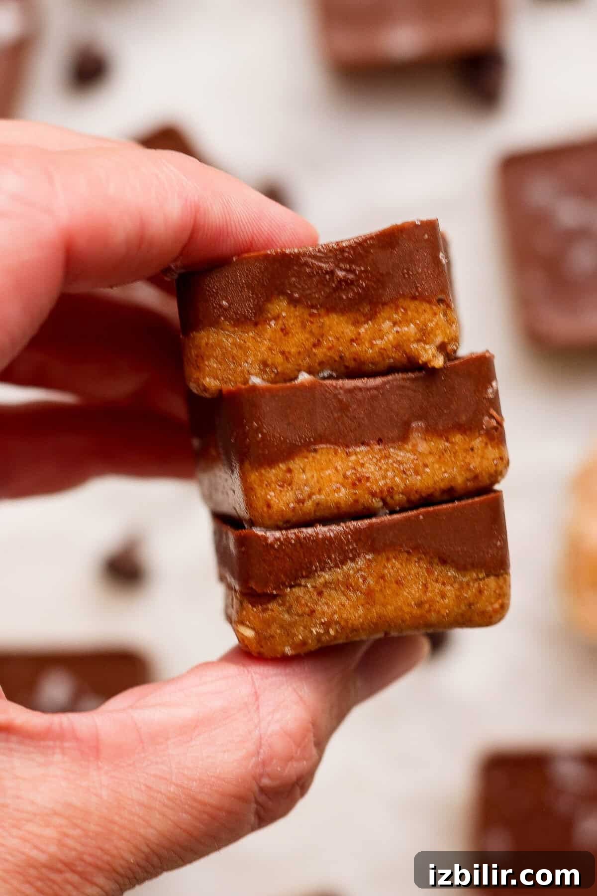 No-Bake Thin Mint Protein Bites Recipe 9 hand holding a stack of three no bake thin mint protein bites with chocolate coating