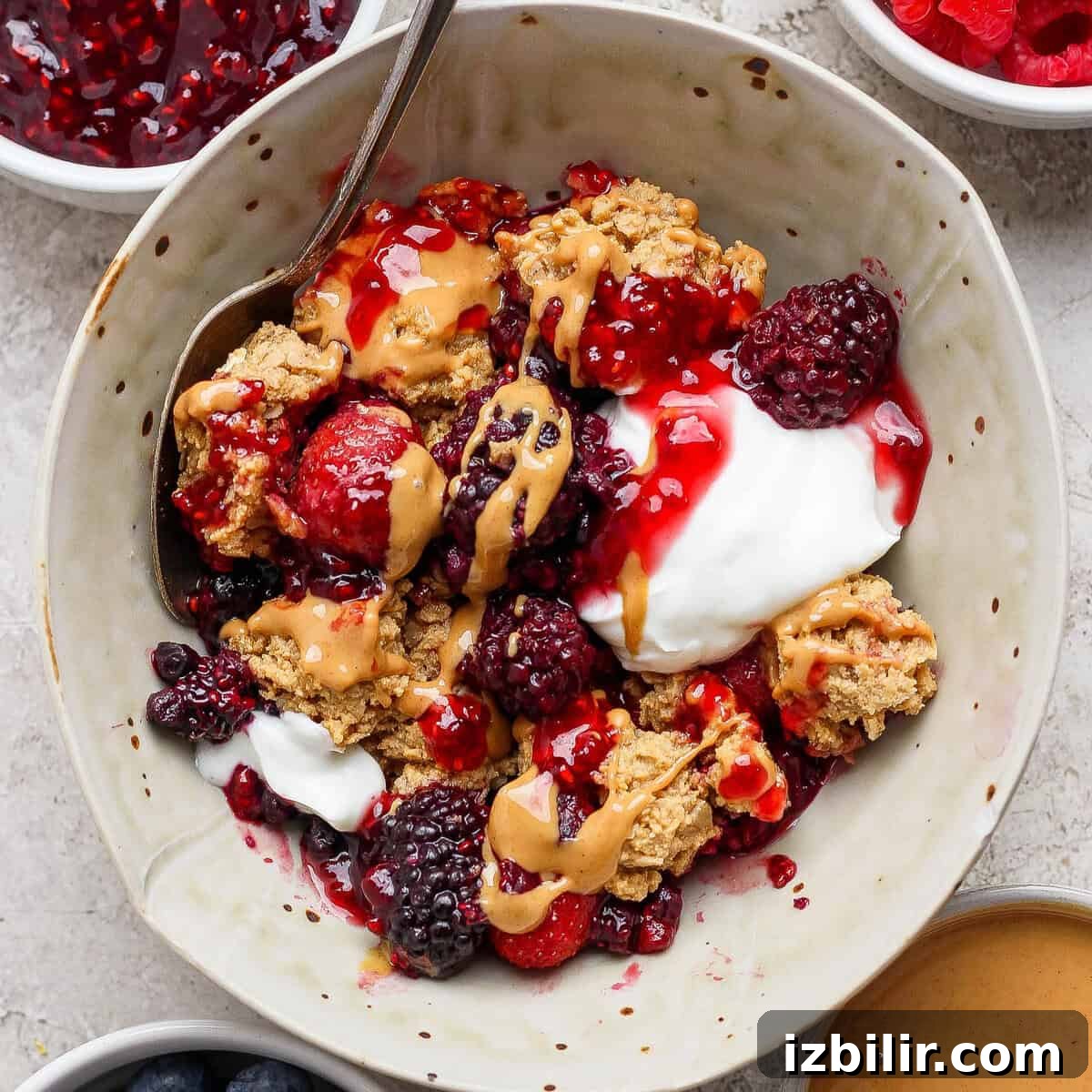 Peanut Butter & Jelly Protein Breakfast Crumble 2 protein berry crumble served in a bowl with yogurt and peanut butter drizzle