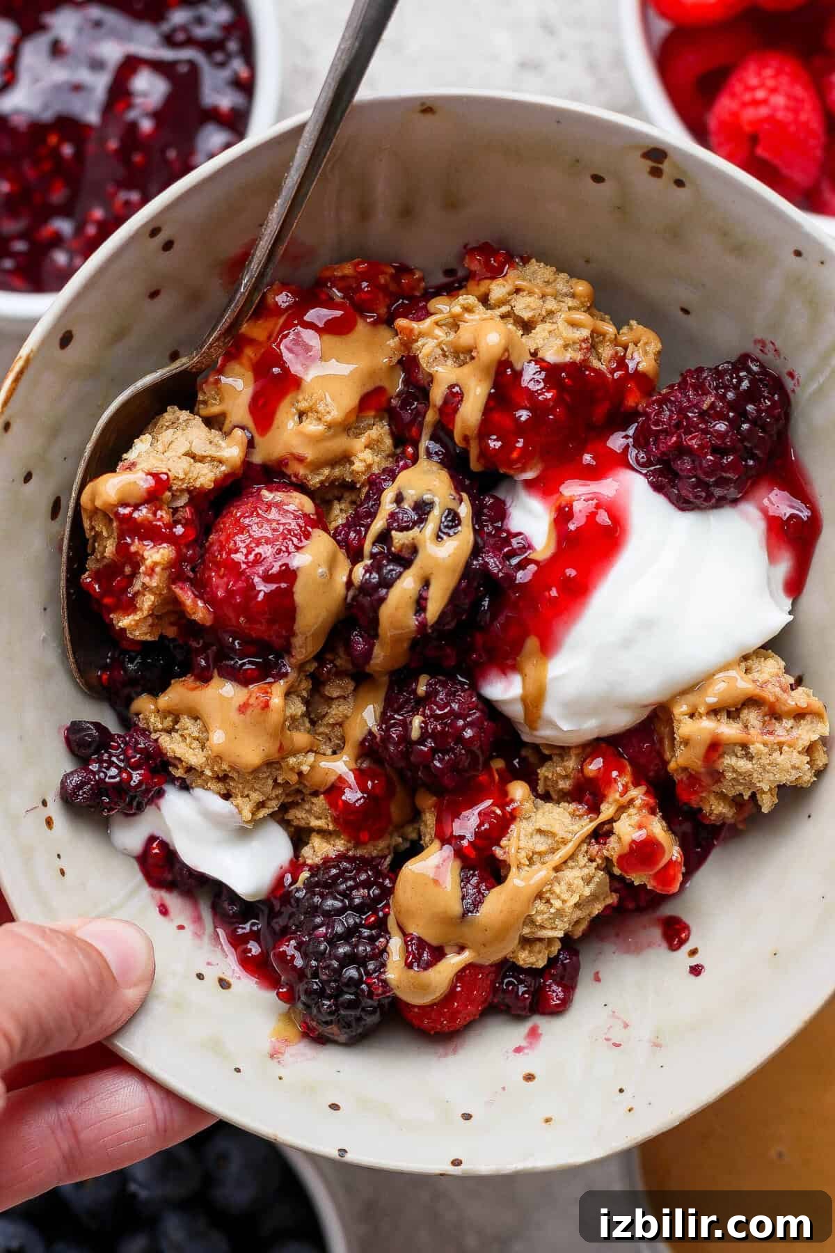 Peanut Butter & Jelly Protein Breakfast Crumble 8 bowl of protein berry crumble with yogurt blackberries strawberries and peanut butter drizzle