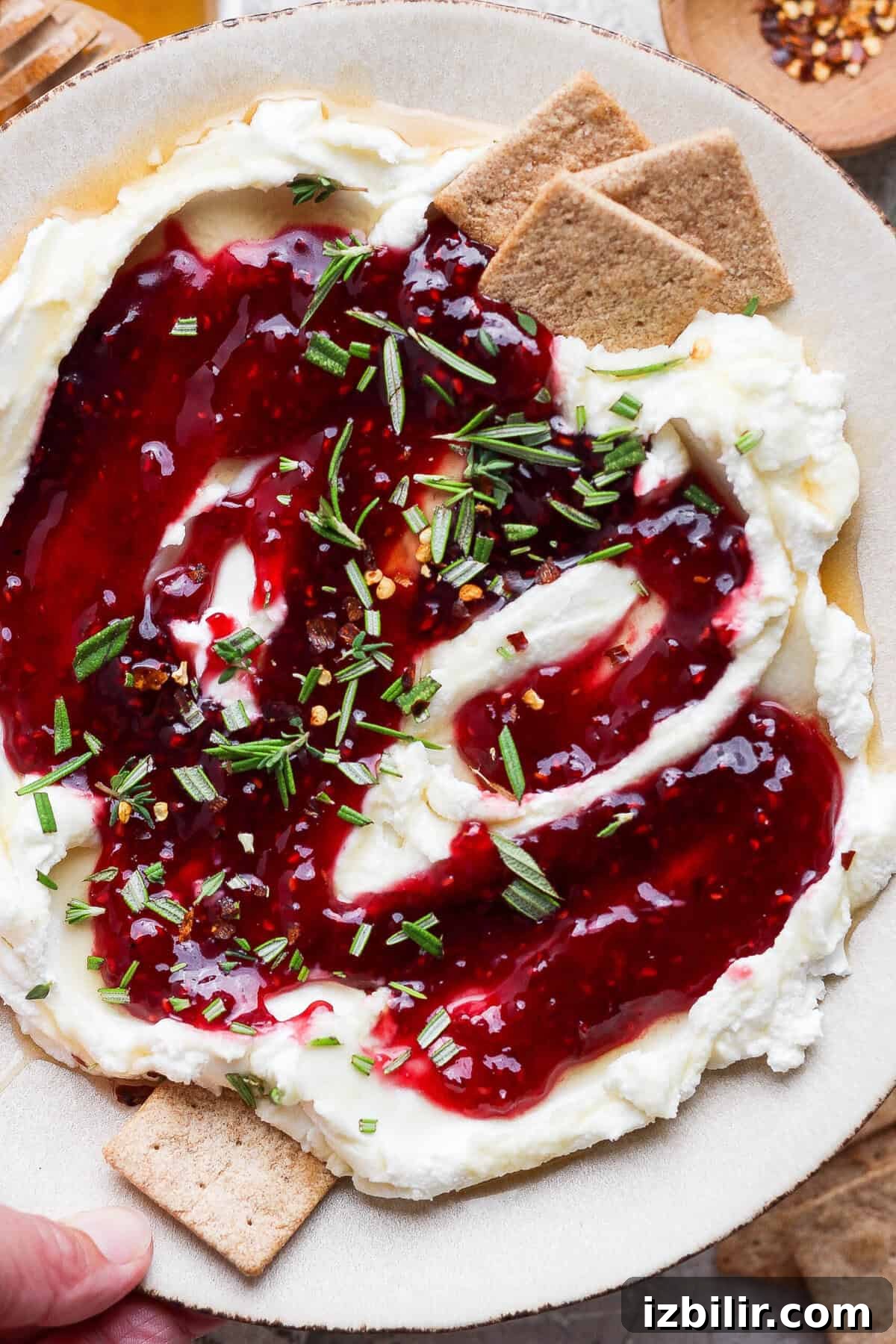 goat cheese dip topped with raspberry jam and rosemary served with crackers