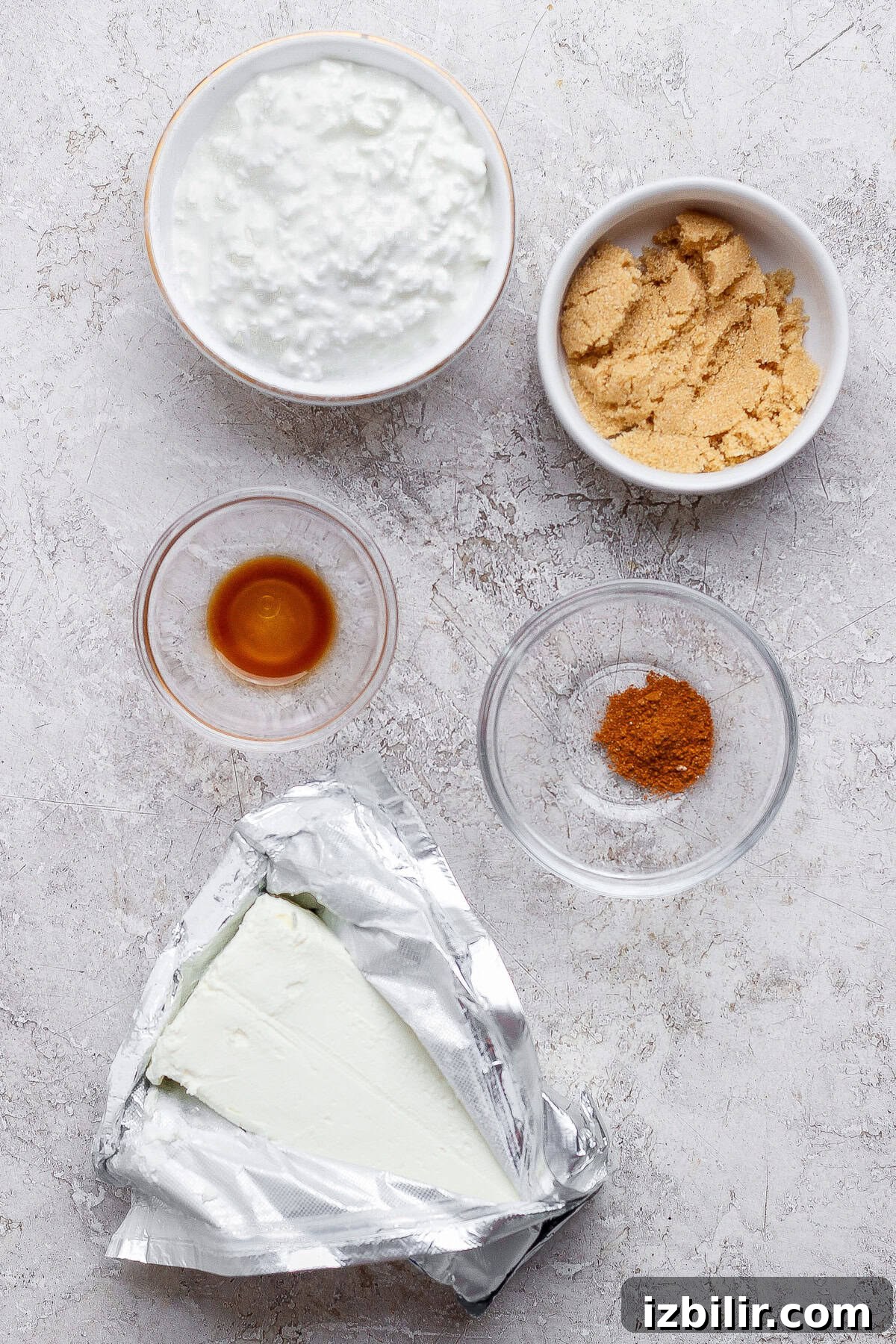 apple dip ingredients flatlay with cream cheese and cottage cheese