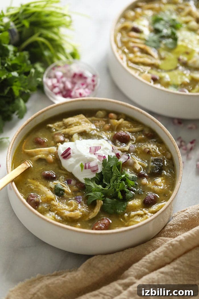 Flavorful Chicken and Bean Green Chili Recipe 5 green chili in bowl with Greek yogurt