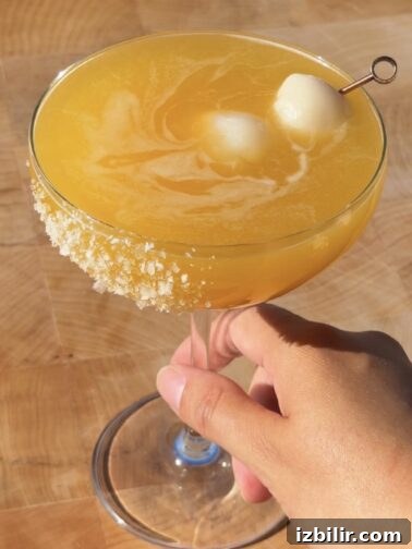 Lychee Passionfruit Martini in a martini glass garnished with whole lychees