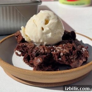 Fudgy cottage cheese brownie topped with a scoop of vanilla ice cream on a ceramic plate.