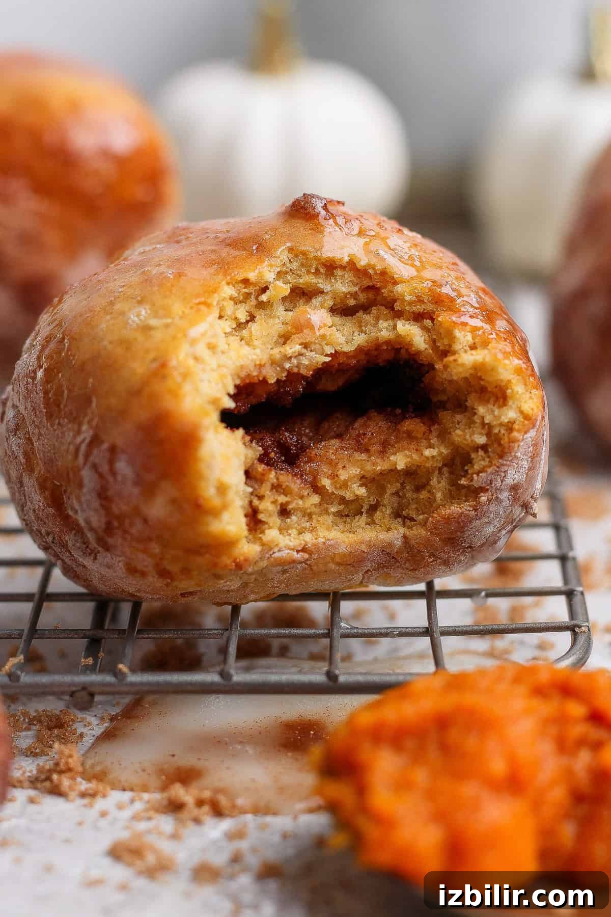 Crispy Cottage Cheese Pumpkin Fritters Recipe 9 Bitten glazed pumpkin fritter on a wire rack showing the dark brown sugar spice filling inside.