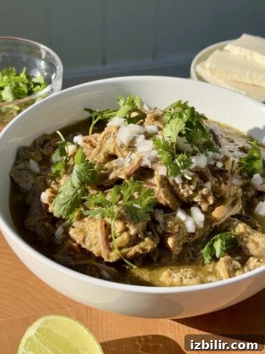 Carnitas in salsa verde served with tortillas